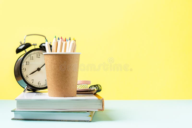 Back To School Banner with Black Alarm Clock, Books and Pencil. School  Supplies, Other Elements in Yellow Mint Empty Background Stock Photo -  Image of people, pencil: 196235742