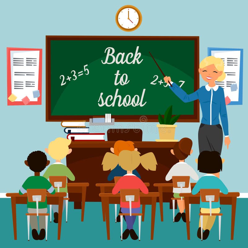 Back to School. Classroom with children. Teacher at the Blackboard royalty free illustration Back to School. Classroom with children. Teacher at the Blackboard royalty free illustration