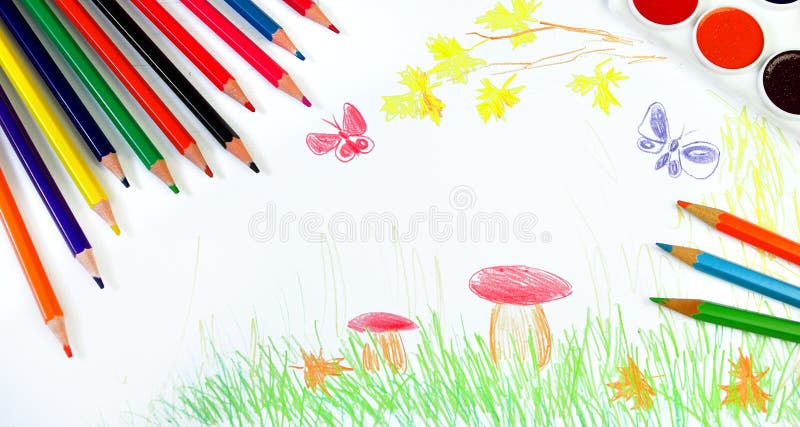Back to school. Concept of the beginning of the school year. Children`s drawing of autumn. Draw the autumn. My own drawing design.