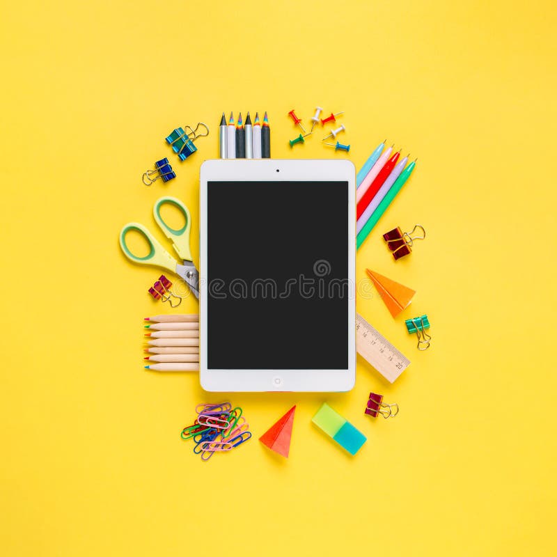 Back to school concept. Copy space. Pink bg stock photography
