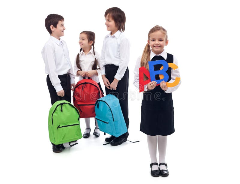 Back to school concept with a group of kids talking stock images