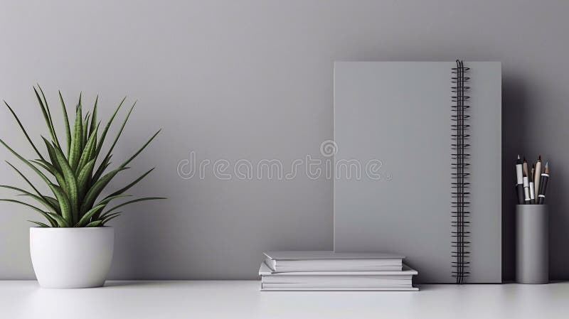 Back to school concept. Monochrome picture of a desk with houseplant in grey color pot, grey color copybooks and books on the grey table. AI generated