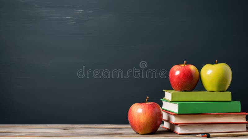 Notebook-uri de concepție de la școală și design de mere pe fond negru. ai generativ stock illustration