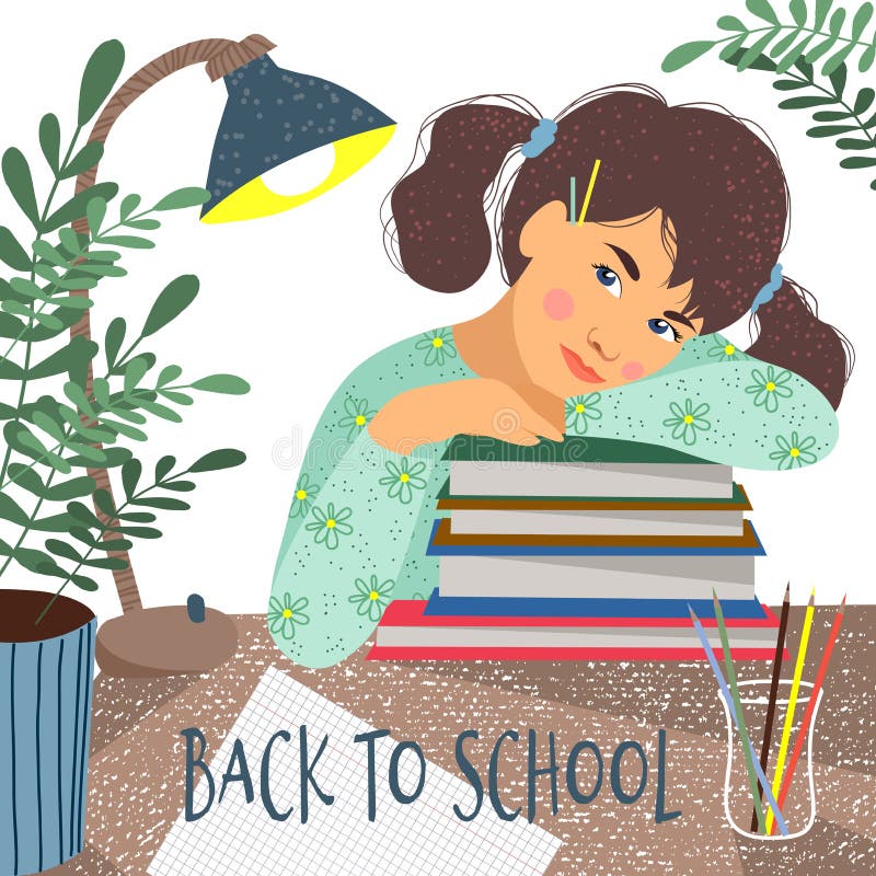 Back to school. Cute vector illustration of a sitting over the books student on a white background. Girl, books stock illustration Back to school. Cute vector illustration of a sitting over the books student on a white background. Girl, books stock illustration