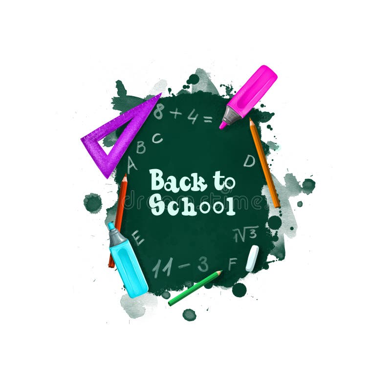 Back to school digital art illustration. Beginning of studying year event. Hand drawn blackboard, ruler, chalk, marker, pencil set stock illustration