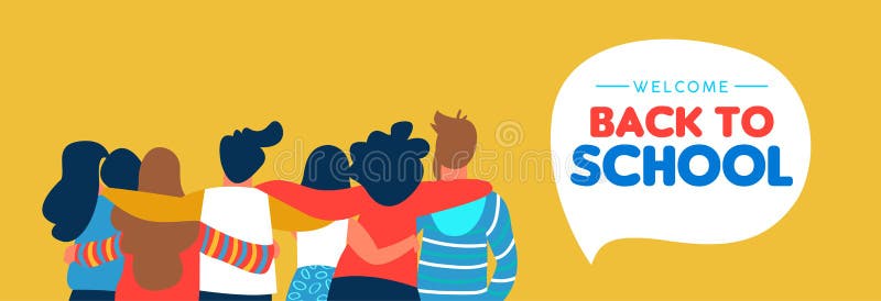 Welcome back to school web banner illustration of diverse teen student group hugging together. Highschool teenager classmate concept or young college students. Welcome back to school web banner illustration of diverse teen student group hugging together. Highschool teenager classmate concept or young college students