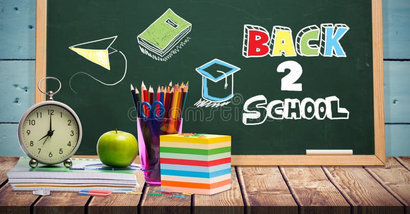 Back to school education drawings on blackboard for school royalty free stock photo