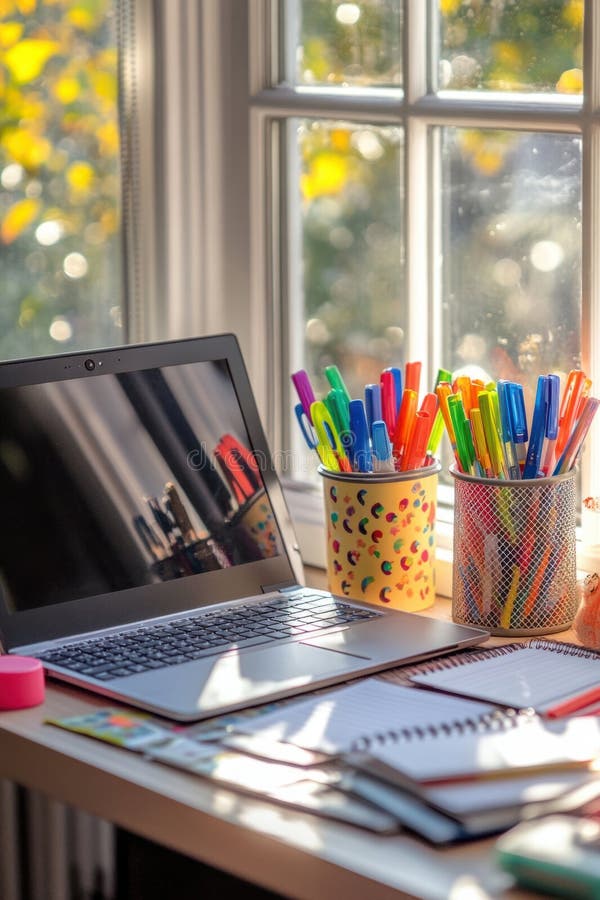 Back to School Essentials, A creative desk setup featuring an organized array of school essentials. A laptop sits among vector illustration