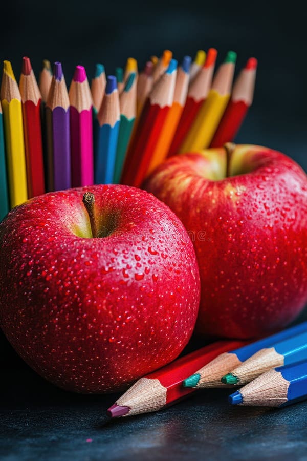 Back to School Essentials, An engaging still life featuring bold red apples layered next to an array of vibrant colored vector illustration