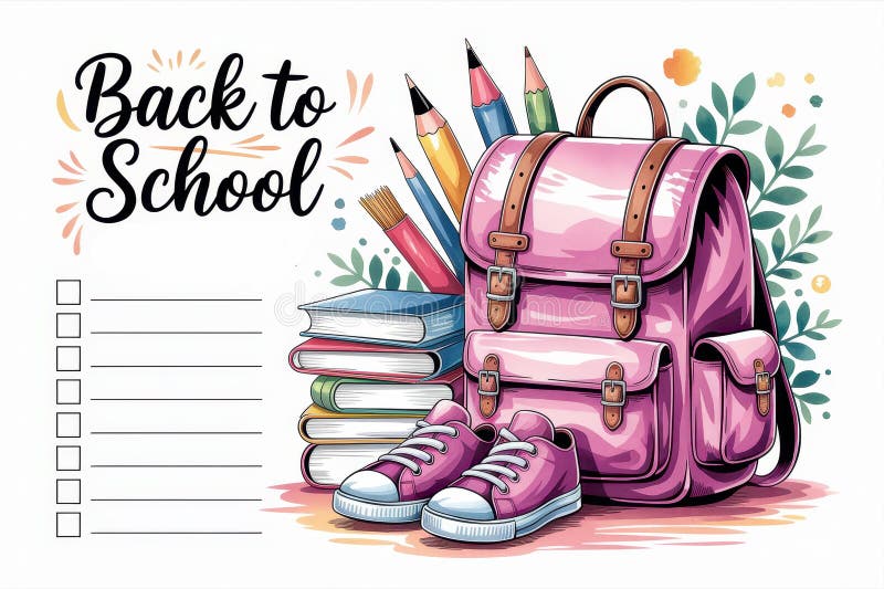 Back to school essentials: pink backpack, books, and sneakers with school supplies stock illustration