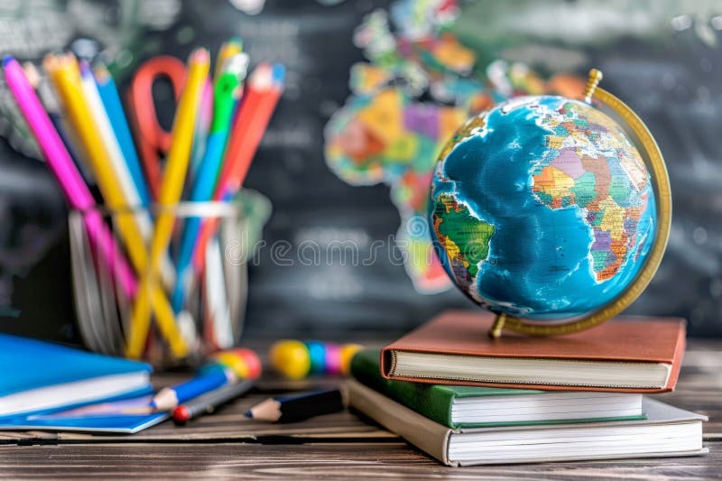 Back-to-School Essentials on a Wooden Table with a Blackboard in the Background stock illustration