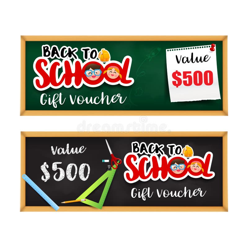 Back To School Gift Voucher Template with Stationary Element on Stock