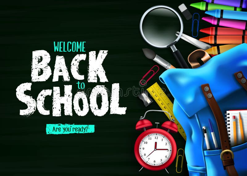 Back to School In Green Chalkboard Background Banner with Blue Backpack and School Supplies Like Notebook, Pen, Pencil, Colors, Ruler, Magnifying Glass, Eraser, Paper Clip, Sharpener, Alarm Clock and Paint Brush 3D Realistic Design. Vector Illustration