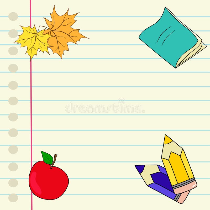 Back to school hand drawn vector notebook lined paper colored pencils red apple maple leaves copyspace for text royalty free illustration