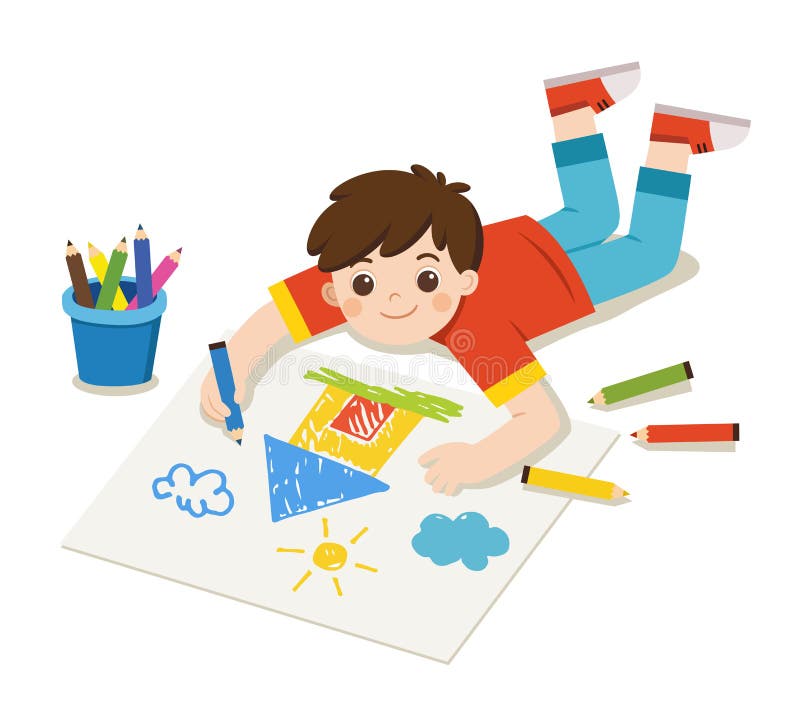 Happy Boy draw pictures and paints on floor. royalty free illustration Happy Boy draw pictures and paints on floor. royalty free illustration