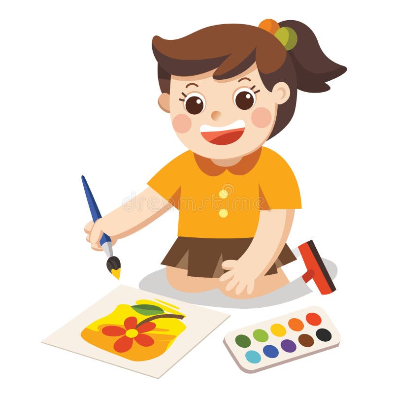 Happy Girl draw pictures pencils and paints on floor.Isolated vector royalty free illustration Happy Girl draw pictures pencils and paints on floor.Isolated vector royalty free illustration