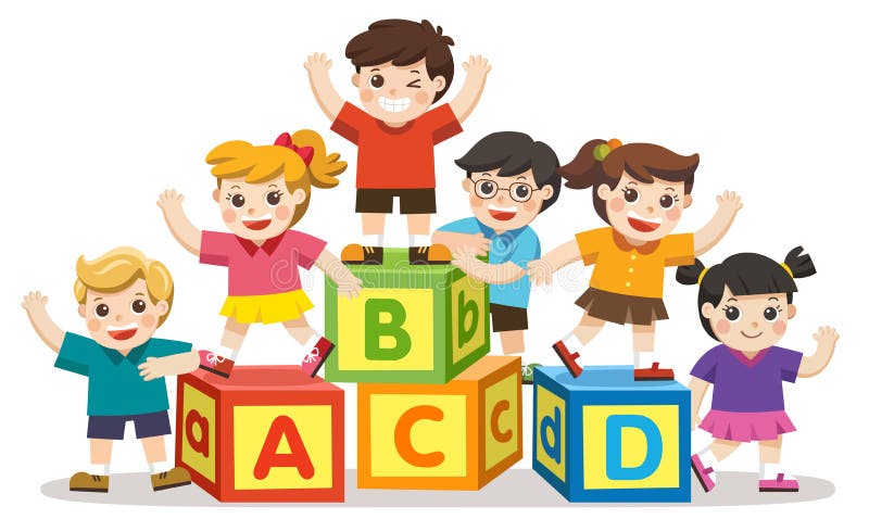 Back to School. Happy school kids with alphabet blocks.