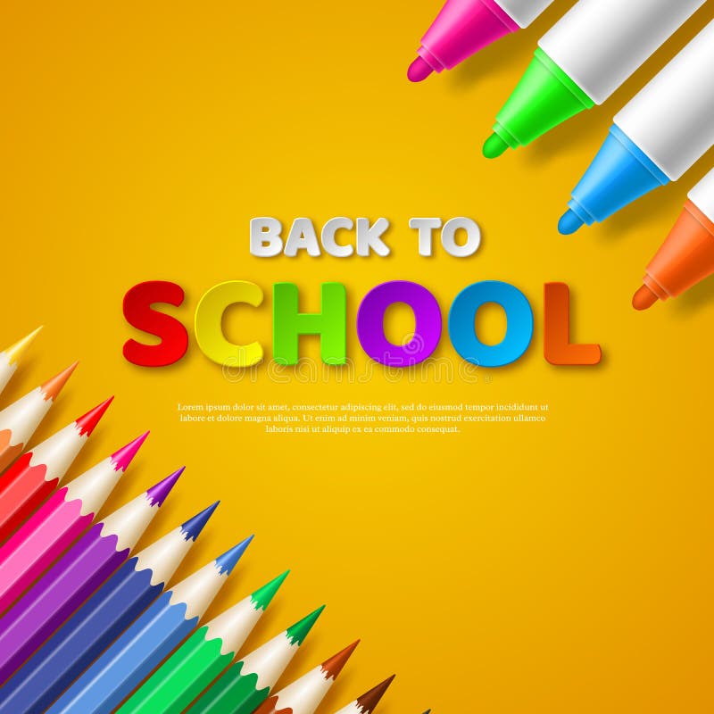 Back to school paper cut style letters with realistic colorful pencils and markers. Yellow background.