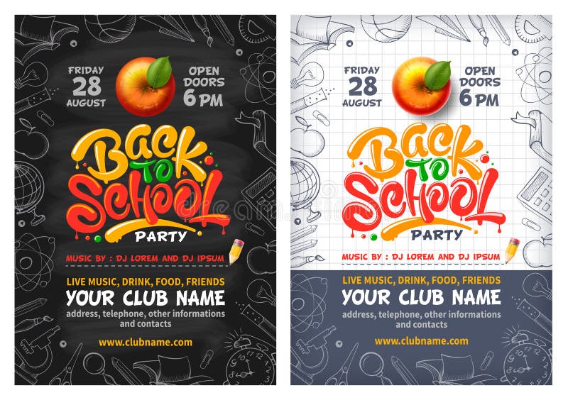 Back to School party posters with red apple and lettering Back to school. Handwritten school subjects in doodle style as frame around. Chalkboard and checkered paper on backdrop. Vector illustration. Back to School party posters with red apple and lettering Back to school. Handwritten school subjects in doodle style as frame around. Chalkboard and checkered paper on backdrop. Vector illustration