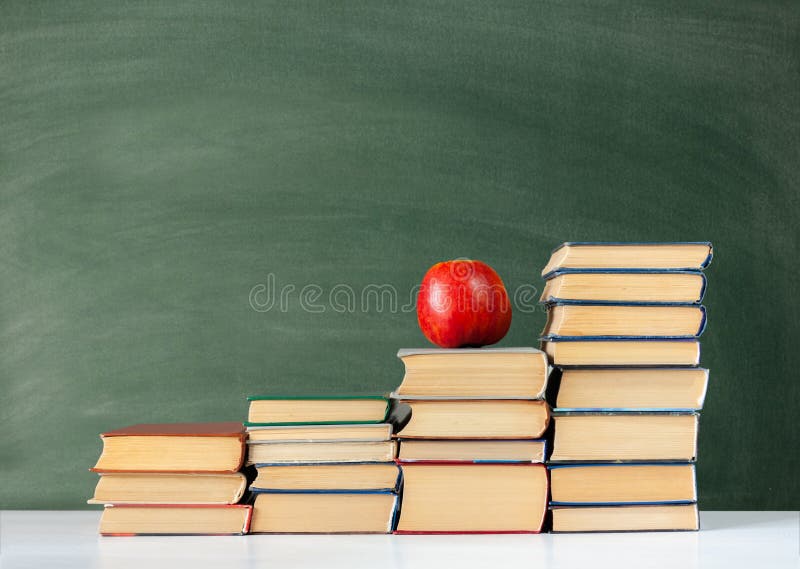 Back To School, Pile of Books and Red Apple with Empty Green School Board  Background, Education Concept Stock Image - Image of black, college:  174335355