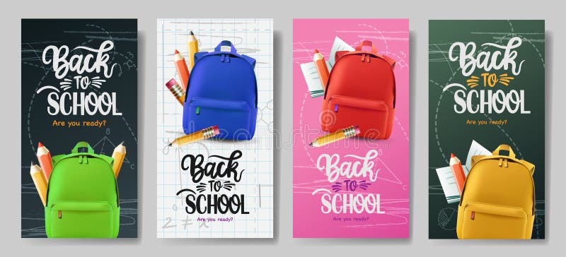 Back to school poster set. Welcome Back to school text with school color backpack and pencil educational elements for royalty free illustration
