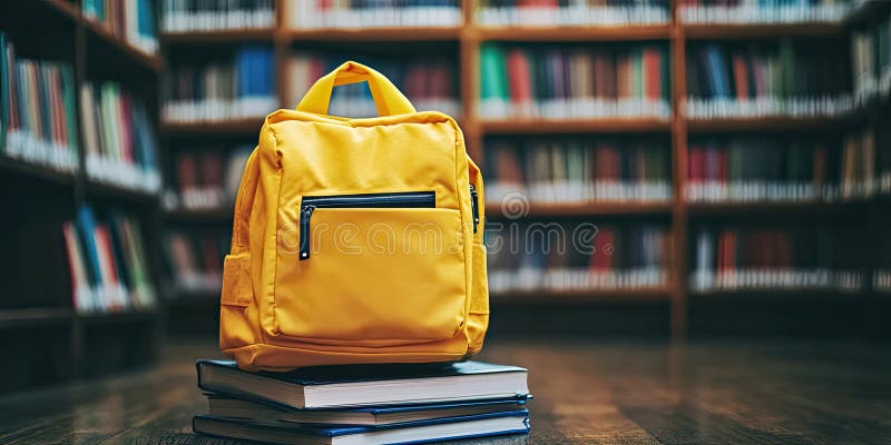 Back to School Preparation. Yellow backpack with books in front of a library bookshelf. Perfect for education, learning, and royalty free illustration