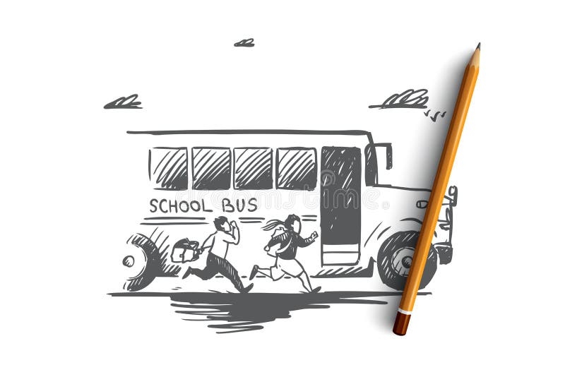 Back to school, rush, purpose, first of September concept. Hand drawn school bus with pupils concept sketch. Isolated vector illustration. Back to school, rush, purpose, first of September concept. Hand drawn school bus with pupils concept sketch. Isolated vector illustration.
