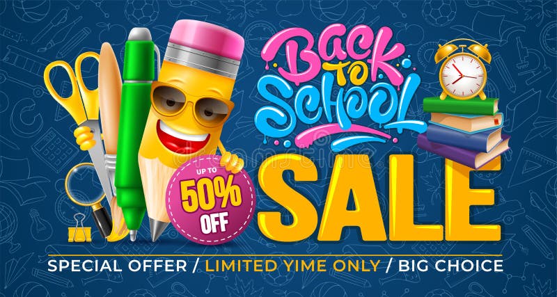 Back to school sale. Advertising banner design template with cheerful cartoon pencil, brush etc. Calligraphy lettering. Pattern with school subjects on blue background. Vector illustration. Back to school sale. Advertising banner design template with cheerful cartoon pencil, brush etc. Calligraphy lettering. Pattern with school subjects on blue background. Vector illustration
