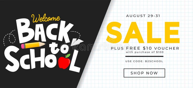 Back to school sale banner design template. Welcome back to school background. Flat style vector illustration for retail marketing promotion. Trendy school shopping concept with lettering