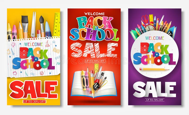 Back to School Sale Creative Ad Banner and Poster Set with Colorful Titles and Different School Items in Different Color Backgrounds for Promotional Purposes