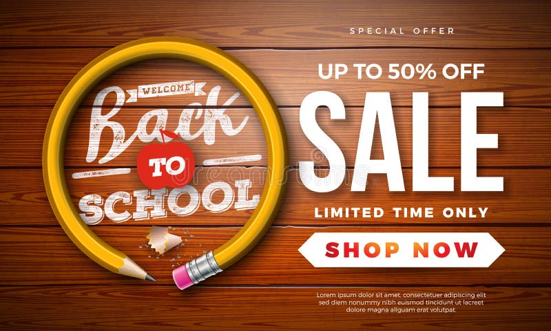 Back to School Sale Design with Graphite Pencil and Typography Letter on Vintage Wood Background. Vector Education