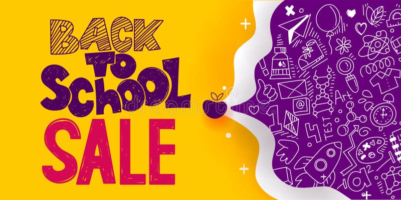 Back to School Sale sketch style banner with line art symbols of education, science objects icons. Vector hand drawn doodle illustration. Hand lettering and ink drawings. Back to School Sale sketch style banner with line art symbols of education, science objects icons. Vector hand drawn doodle illustration. Hand lettering and ink drawings