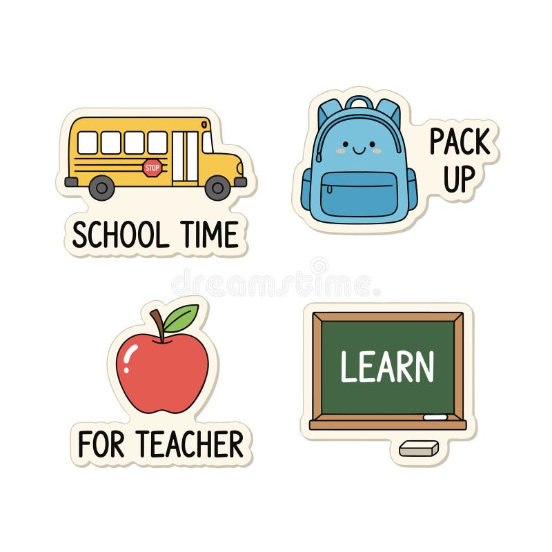 Stickers featuring school-related themes. A yellow bus with "School Time," a smiling blue backpack labeled "Pack Up," a red apple with a leaf marked "For Teacher," and a chalkboard with "Learn" written on it, along with a piece of chalk. Each sticker has a cute, cartoonish design, with bold outlines and soft colors, creating a playful, educational theme. Pack up time vectors