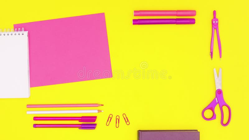 Back to school stop motion. School or office pink stationery appear on yellow theme