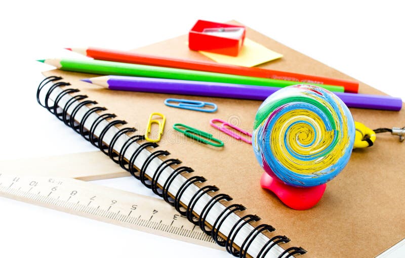 Back To School Supplies With Notebook And Pencil On White Backg Stock