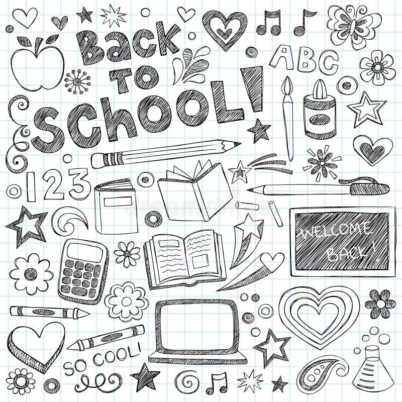 Back to School Supplies Sketchy Doodles Vector Set