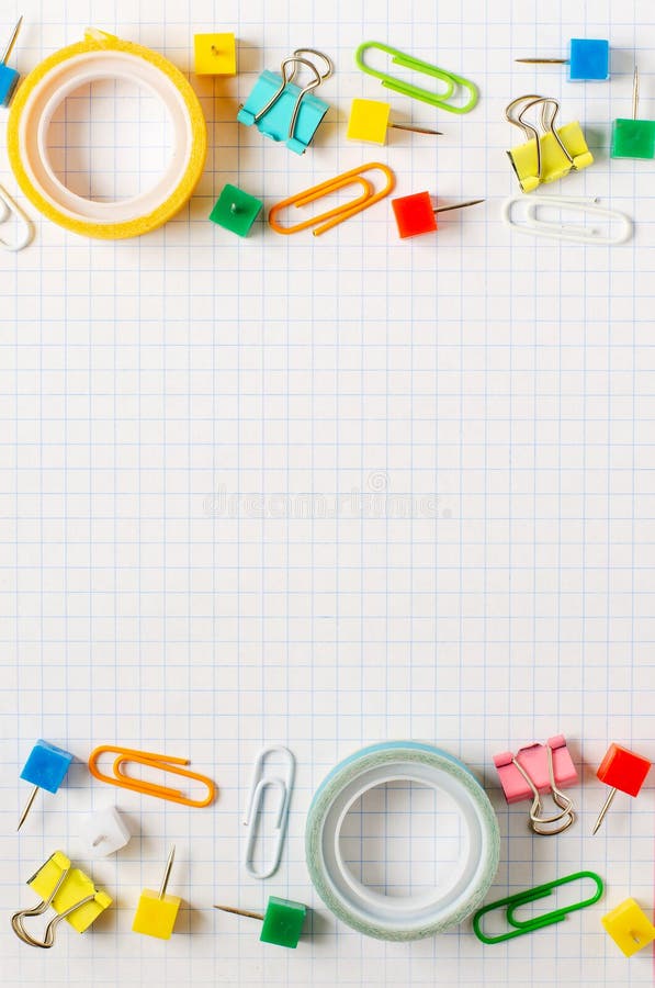 Back To School. School Supplies on White Checkered Paper Stock Photo