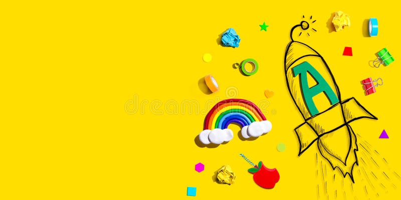 Back to school theme with a letter A rocket with school supplies vector illustration