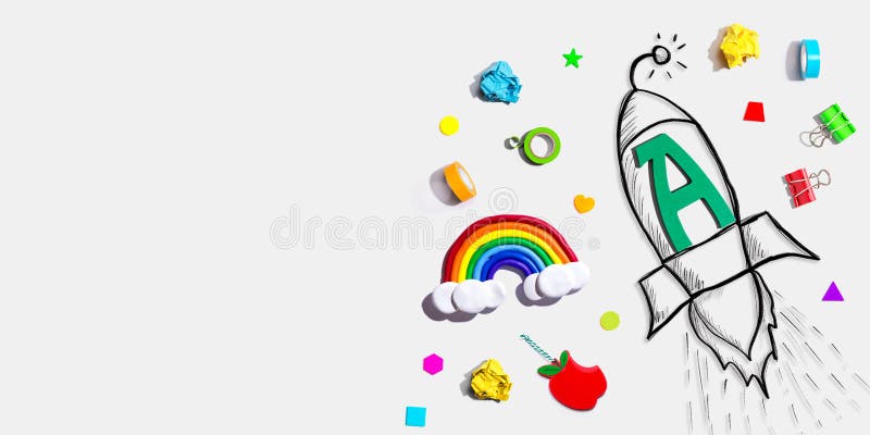 Back to school theme with a letter A rocket with school supplies vector illustration