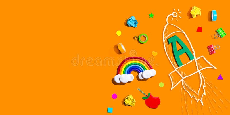 Back to school theme with a letter A rocket with school supplies royalty free illustration
