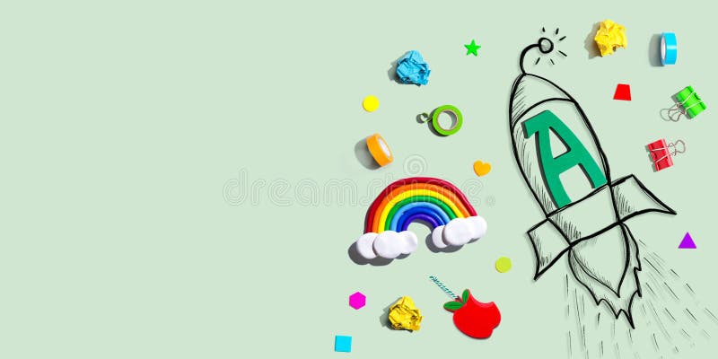 Back to school theme with a letter A rocket with school supplies vector illustration