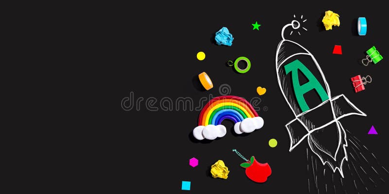 Back to school theme with a letter A rocket with school supplies royalty free illustration