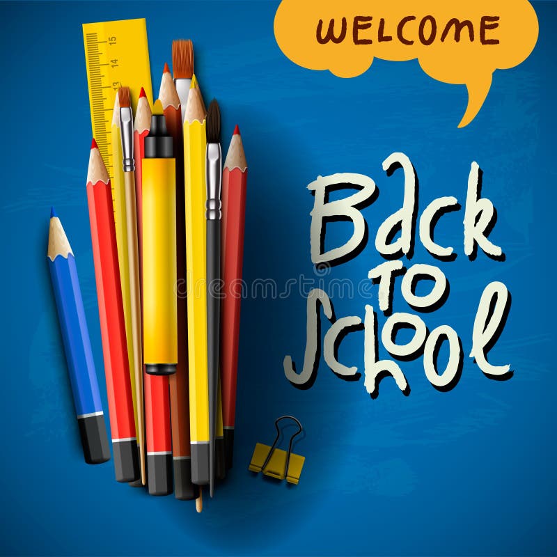 Back to school title words with realistic school items with colored pencils, pen and ruler in a blue background, vector