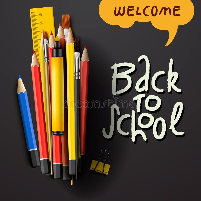 Back to school title words with realistic school items with colored pencils, pen and ruler in a black texture background