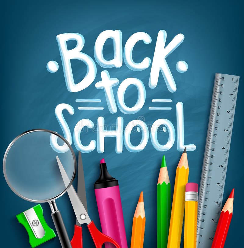 Back to School Title Words with Realistic School Items With Colored Pencils, Scissor, Magnifier and Ruler in a Blue Texture Background. Vector Illustration