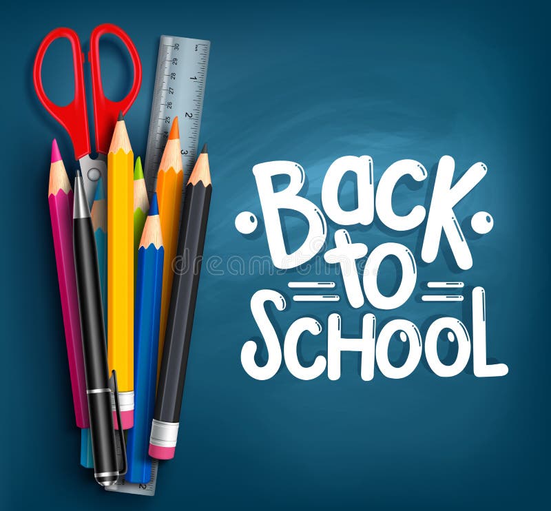 Back to School Title Words with Realistic School Items With Colored Pencils, Scissor, Pen and Ruler in a Blue Texture Background. Vector Illustration