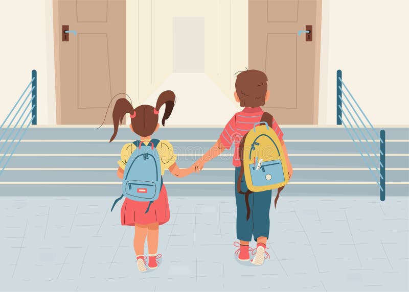 2 students hold them hands walking to school together. children back to  school. Vector illustration Stock Vector Image & Art - Alamy