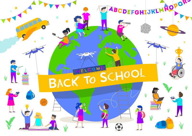 Back to school illustration. Group of active children around a giant globe. Children characters doing different activities stock illustration Back to school illustration. Group of active children around a giant globe. Children characters doing different activities stock illustration