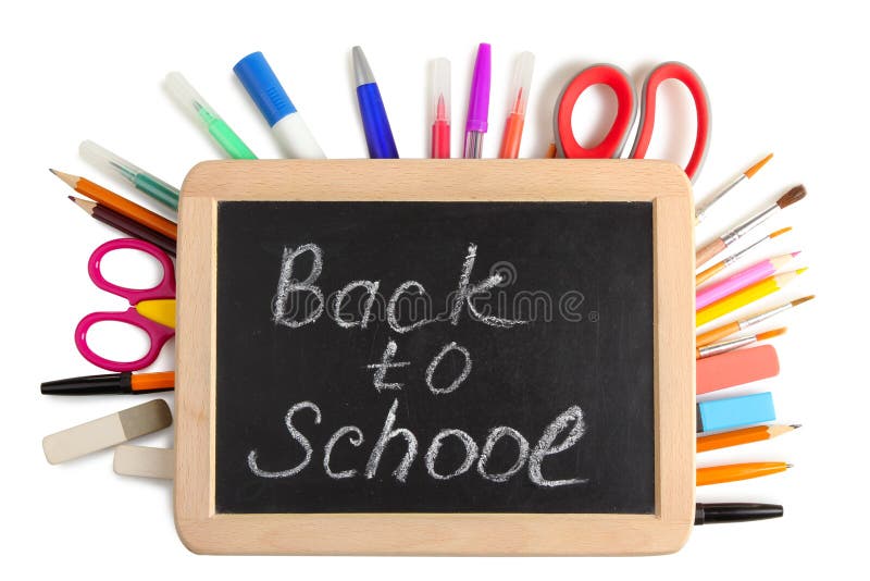 Wooden plaque with the inscription `back to school` near stationery on a white isolated background