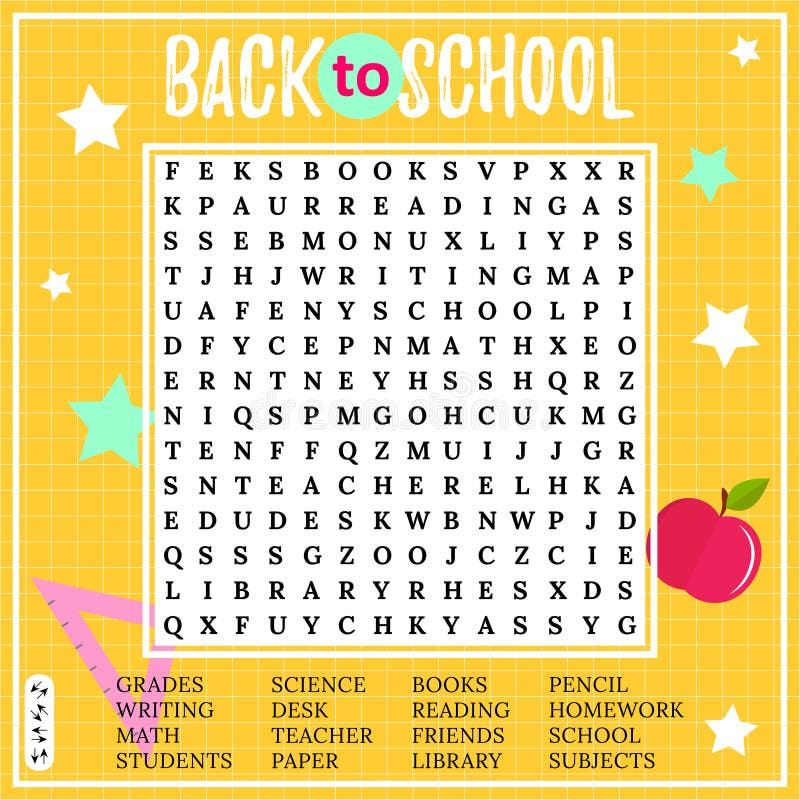 Back to school word search puzzle. Crossword for children for learning English. royalty free illustration.